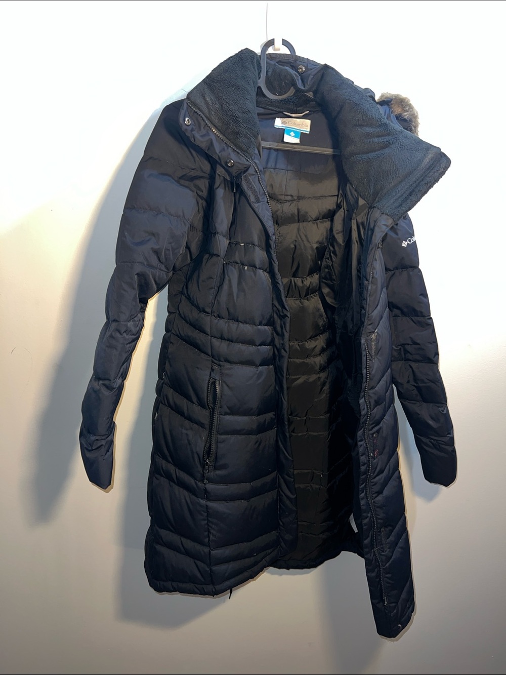 Columbia Women's Navy Long Quilted Puffer Coat with Faux-Fur Trim Hood